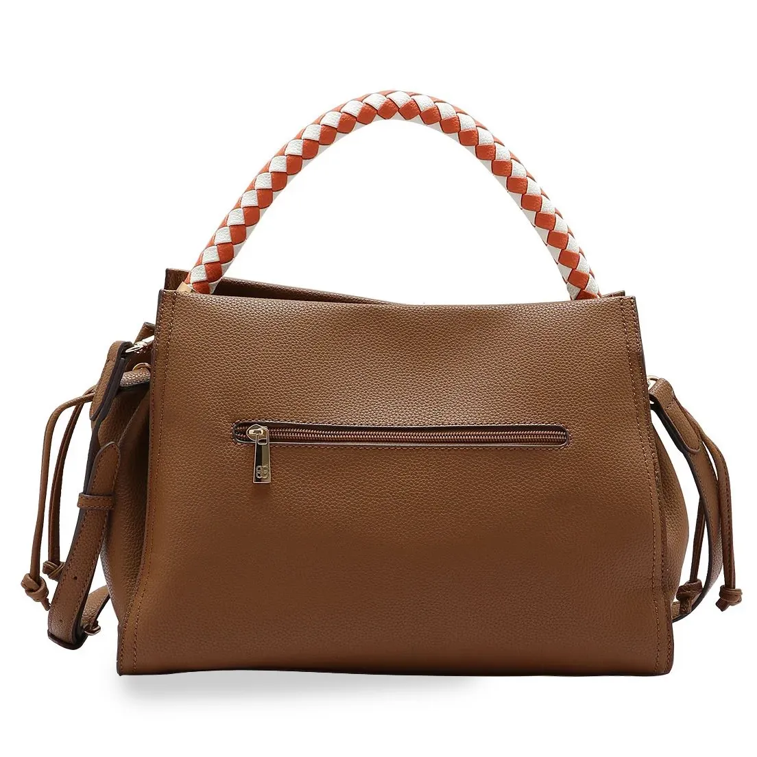 Bolsa feminina Chenson marrom com alças trançadas bicolor, vista frontal com fundo branco